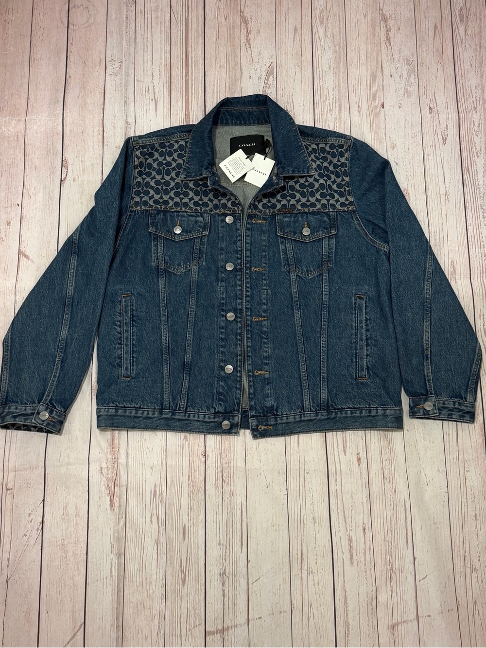 Designer Coach Dark Wash Denim Signature Trucker Jacket NWT Size XL